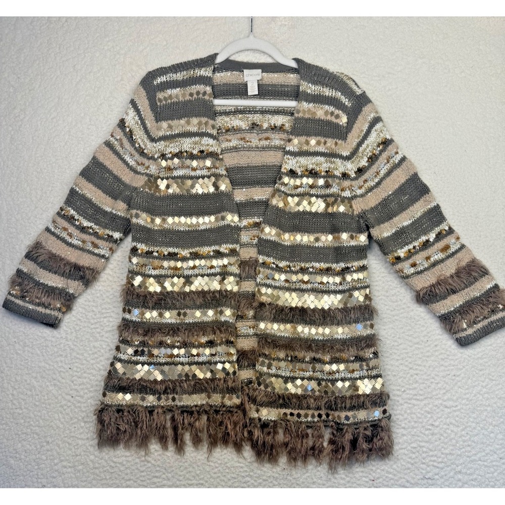 Chico's Cardigan Sweater Womens 2 Brown Striped Sequin Fringe Open Knit Boho
